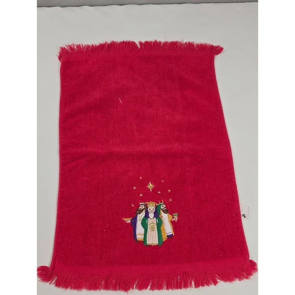 Vintage Lot Of 6 Red Christmas Finger Towels Hand Cannon & Misc Crossstitch